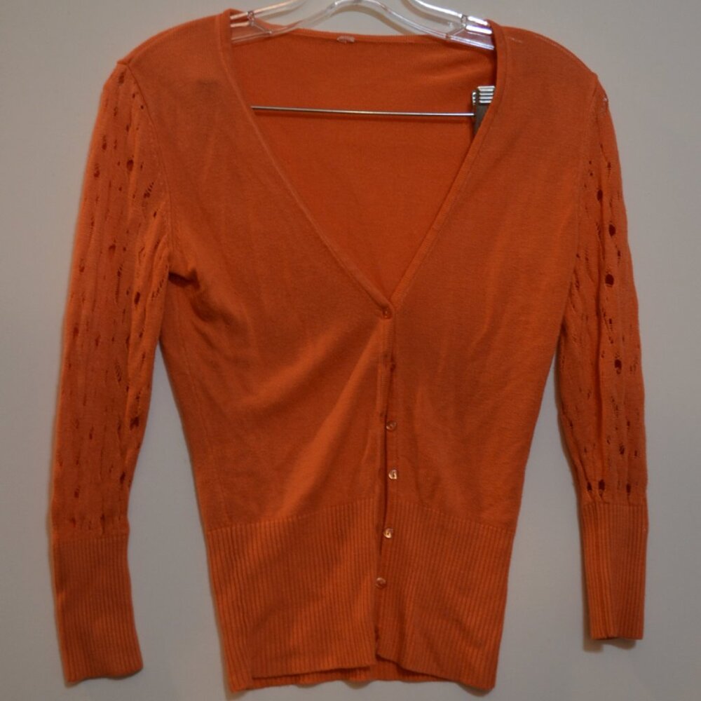 SELA Israel Viscose-Silk Orange Thin Knit 3/4 Button-Down V-Neck Jacket S